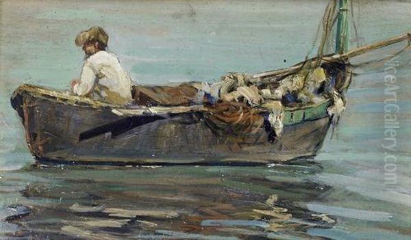 Barca Con Pescatore Oil Painting by Alceste Campriani