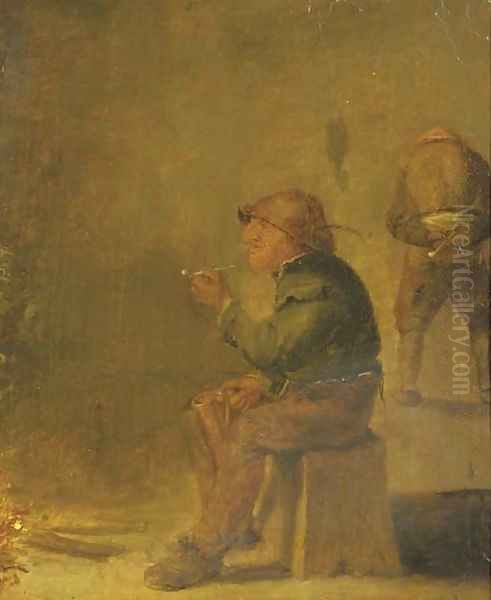 A peasant smoking a pipe and drinking beer near an open fire Oil Painting by Adriaen Brouwer