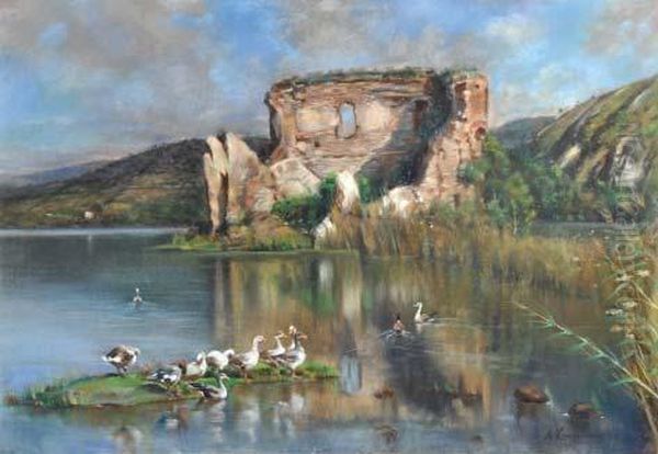 Anatre Nel Lago D'averno E Il Tempio D'apollo Oil Painting by Alceste Campriani