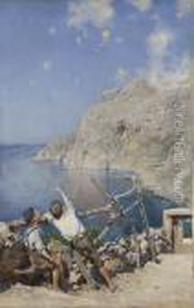 Bambini Con Aquiloni A Capri Oil Painting by Alceste Campriani