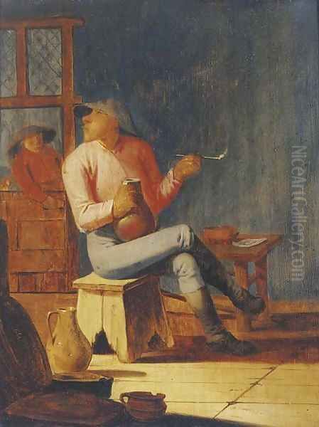 A peasant smoking and drinking in an interior Oil Painting by Adriaen Brouwer