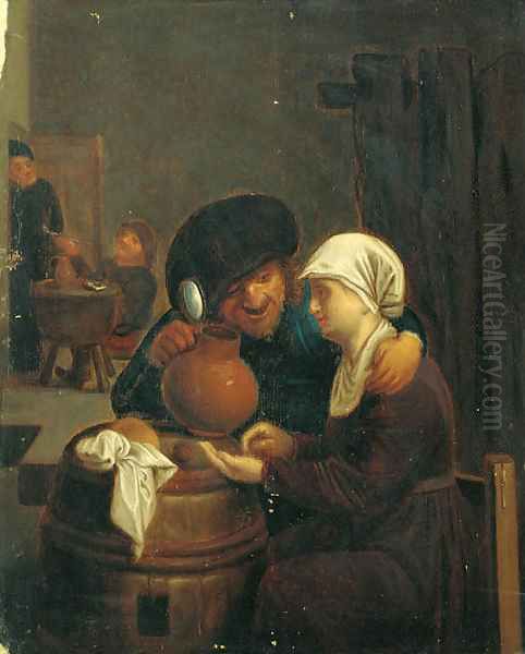 A boor with a serving girl in a tavern interior Oil Painting by Adriaen Brouwer