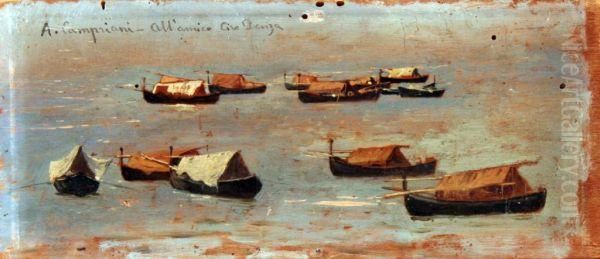 Marina Con Barche Oil Painting by Alceste Campriani