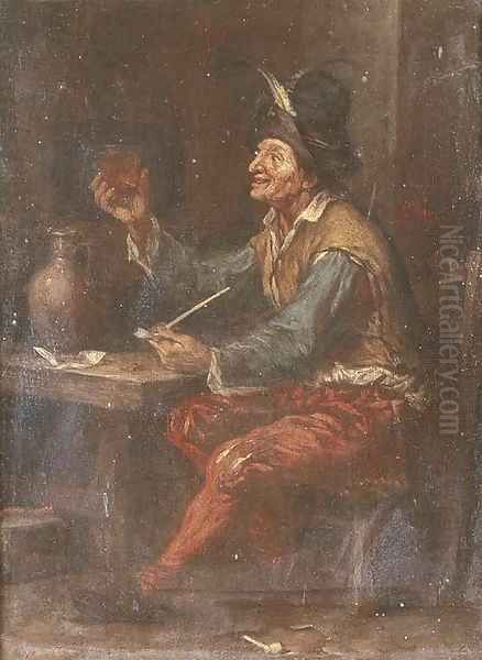 A peasant drinking and smoking at a table in an inn Oil Painting by Adriaen Brouwer