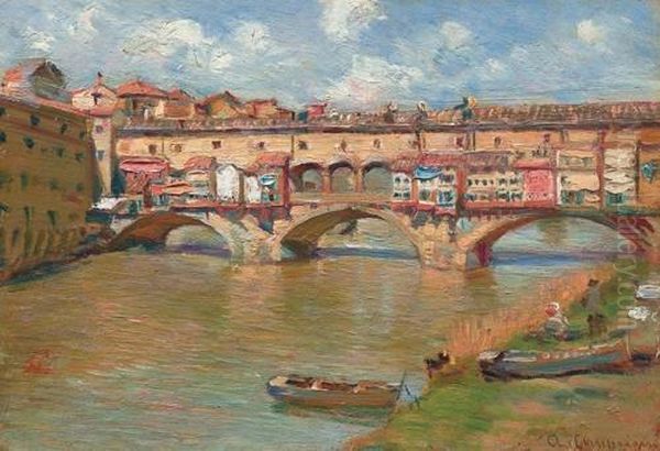 Ponte Vecchio A Firenze Oil Painting by Alceste Campriani