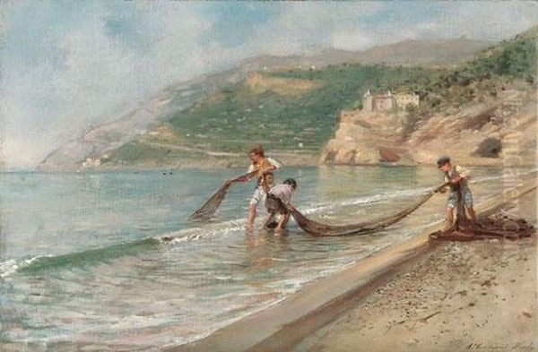 Pescatori Sulla Spiaggia Oil Painting by Alceste Campriani