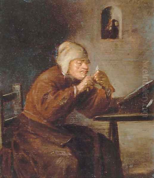 A man seated at his desk sharpening his pen Oil Painting by Adriaen Brouwer