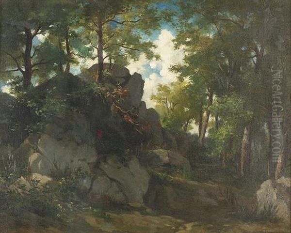 Sonnige Waldlandschaft Mit Felsen Unter Bewolktem Himmel. Oil Painting by Alceste Campriani