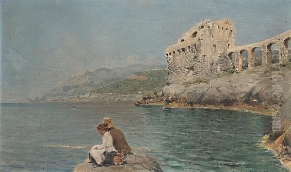 Fishing On The Amalfi Coast Oil Painting by Alceste Campriani