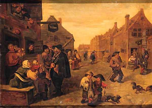 Boors listening to a liereman, outside a shoemaker's workshop, in a village street Oil Painting by Adriaen Brouwer