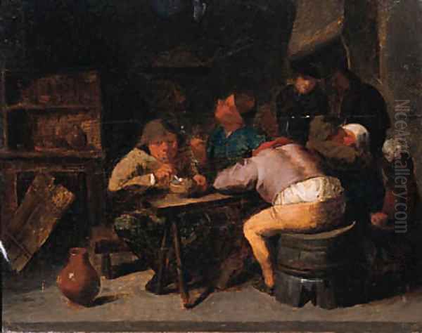 Boors smoking in an inn Oil Painting by Adriaen Brouwer