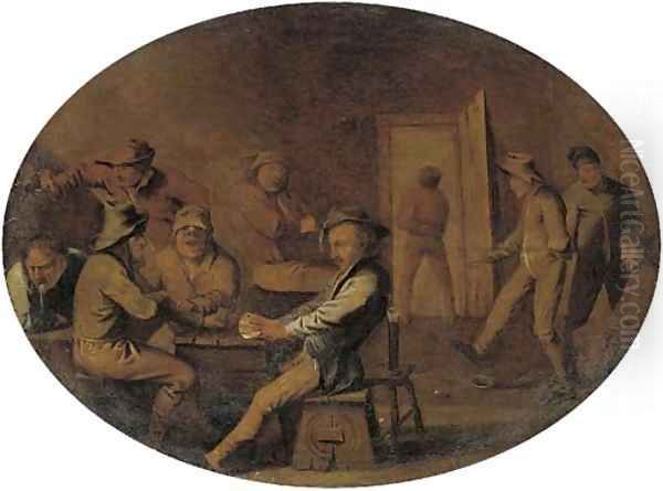 Peasants playing cards, drinking merry making in an interior Oil Painting by Adriaen Brouwer