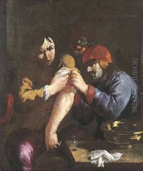 The Sense of Touch A surgeon attending to a man's arm Oil Painting by Adriaen Brouwer