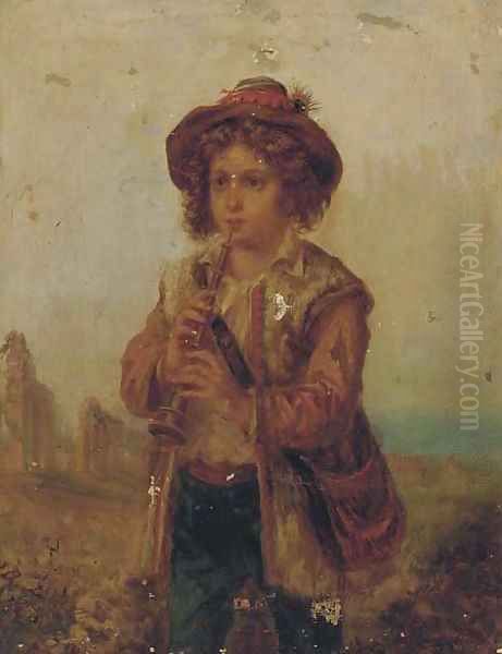 The young musician; and The young weaver Oil Painting by Adriano Bonifazi