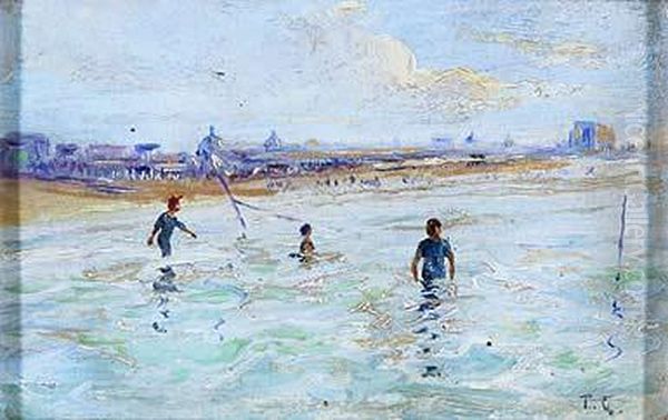 Ninos En La Playa Oil Painting by Tomas Campuzano Y Aguirre