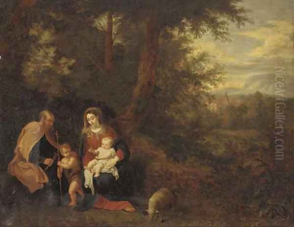 A wooded landscape with The Holy Family Oil Painting by Balthasar Beschey