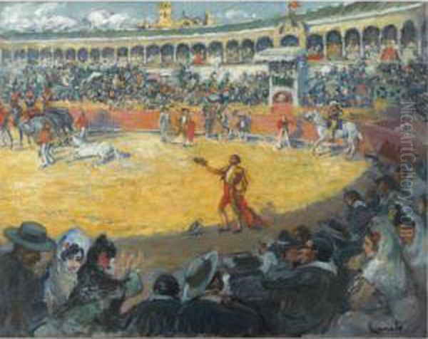 Corrida De Toros En La Plaza De La Maestranza De Sevilla (thebullfight In The Maestranza Oil Painting by Ricardo Canals y Llambi