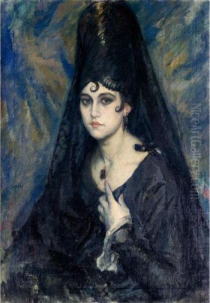 Dama De La Mantellina (woman With A Headdress) Oil Painting by Ricardo Canals y Llambi