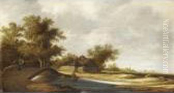 River Landscape With Figures On A Bridge, A Farmhouse Beyond Oil Painting by Peter Candid