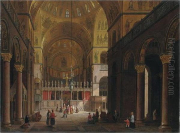 Venice, A View Of The Interior Of The Basilica Of San Marco Oil Painting by Carlo Canella