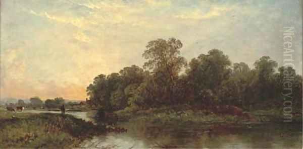 A river landscape at sunset Oil Painting by Edwin Henry Boddington