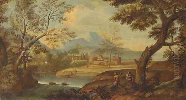 A wooded river landscape with fishermen and other figures Oil Painting by Giovanni Battista Basiri