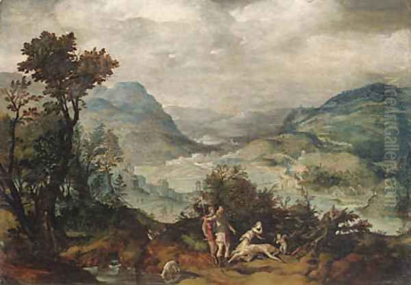 An extensive Landscape with Venus and Adonis(); and An extensive Landscape with Mercury and Argus Oil Painting by Herri met de Bles