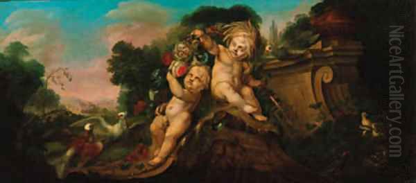 Flowers adorning a sculpted relief of putti with pidgeons and other birds in a landscape Oil Painting by Jan-baptist Bosschaert