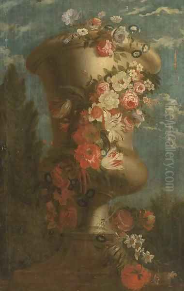 Roses, carnations, tulips, morning glory and other flowers in an urn Oil Painting by Jan-baptist Bosschaert