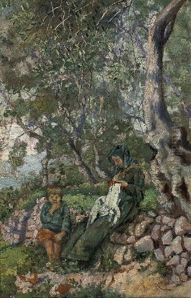 A Mother And Son By An Olive Grove Before The Sea Oil Painting by Nicolo Cannicci