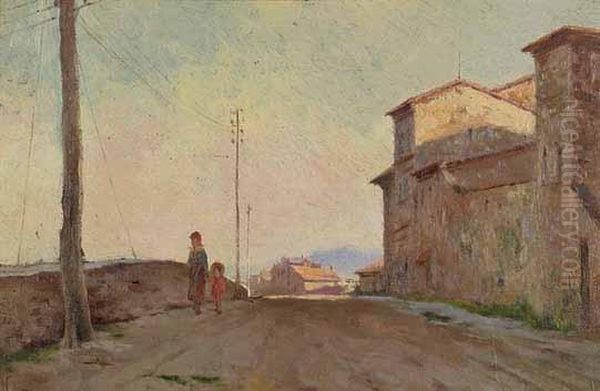 Strada Di Paese Con Figure Oil Painting by Nicolo Cannicci