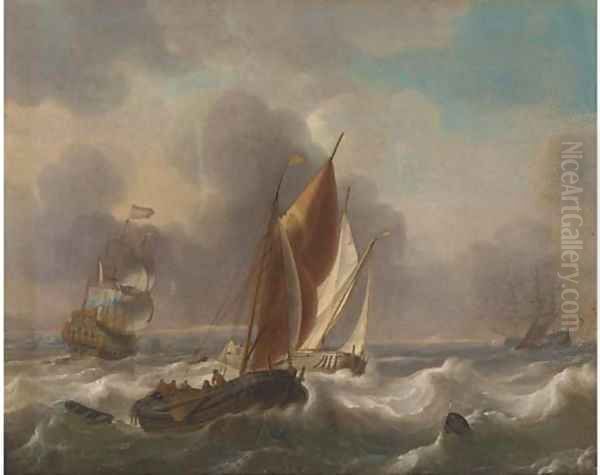 A Dutch man-o'-war and other shipping in choppy seas Oil Painting by Ludolf Backhuysen