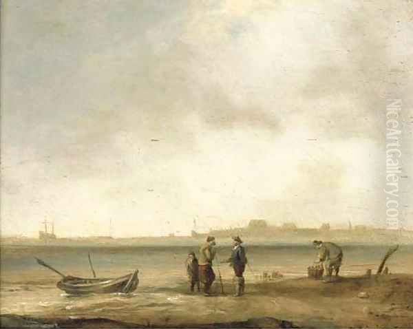 A coastal landscape with fishermen with their catch in the foreground Oil Painting by Ludolf Backhuysen