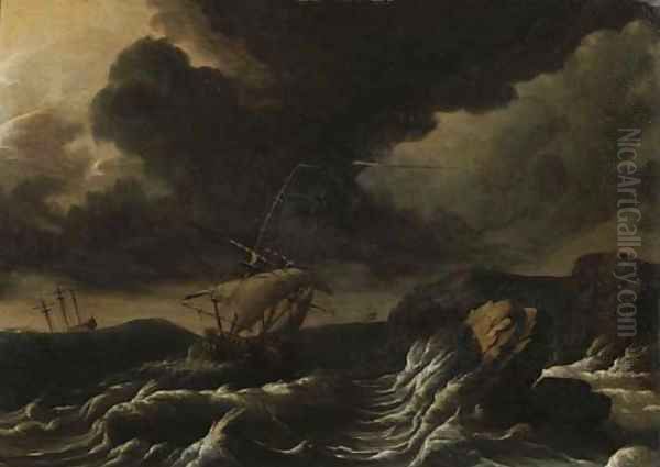 Dutch three-masters off a rocky coast in a gale Oil Painting by Ludolf Backhuysen