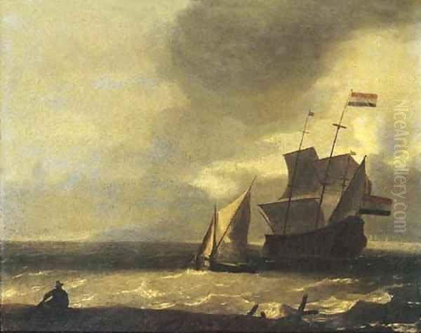 A fisherman on the beach watching a three-master and a smalschip in a gale Oil Painting by Ludolf Backhuysen