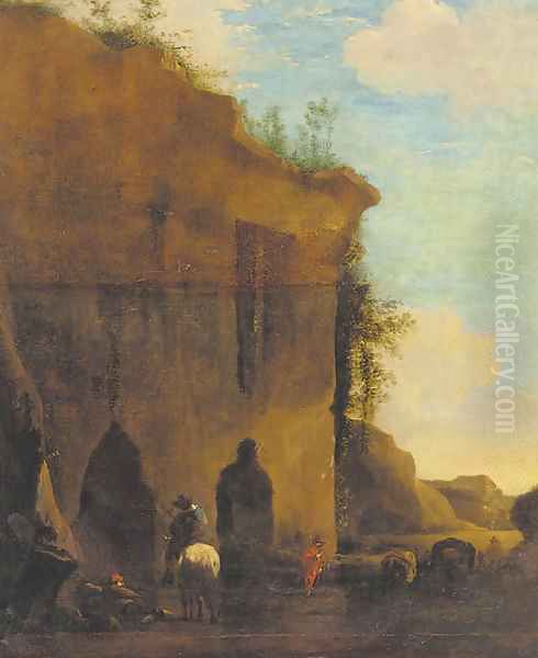 Travellers by a ruin Oil Painting by Nicolaes Bercham