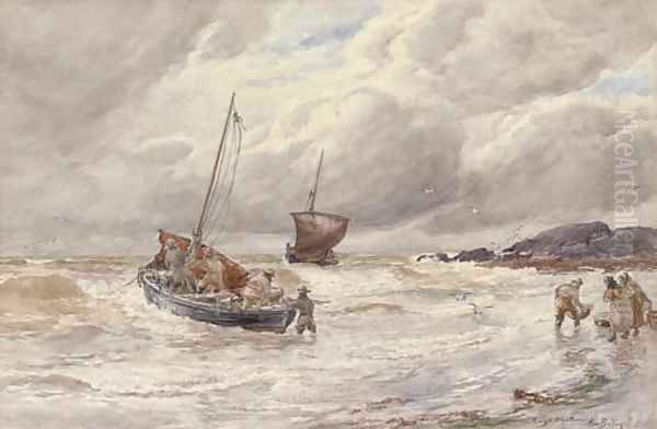 Rough weather Fishing boats unloading the catch Oil Painting by Alexander Ballingall