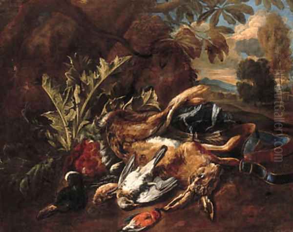 A hunting still life with a hare, a mallard and songbirds in a landscape Oil Painting by Bernaert De Bridt