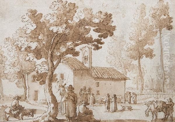 Figures By A Rural Church In A Landscape Oil Painting by Remigio Cantagallina