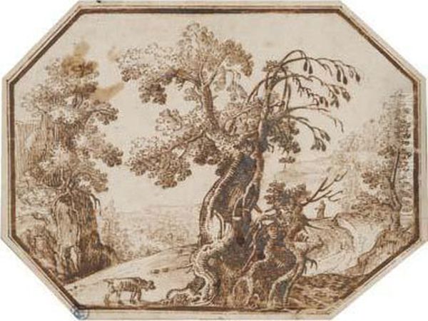 A Landscape With A Gnarled Tree, A Dog And A Hermit On Apath Oil Painting by Remigio Cantagallina