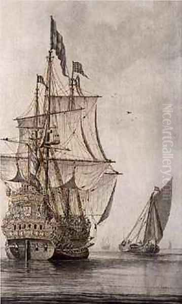 A Man-o'-war under sail seen from the stern with a boeiler nearby Oil Painting by Cornelius Bouwmeester