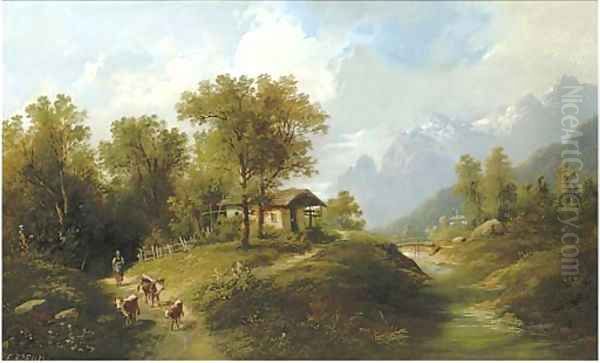 Drover in an Alpine landscape, Oberbayern Oil Painting by Eduard Boehm