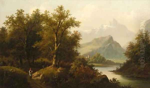 A figure by a lake with a church and mountains beyond; and A figure by a chalet in an Alpine landscape Oil Painting by Eduard Boehm