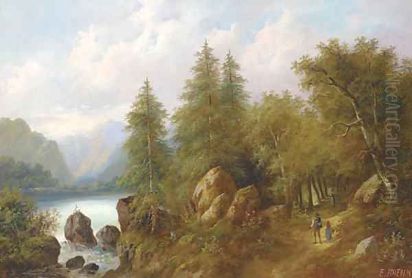 Travellers in a wooded landscape Oil Painting by Eduard Boehm