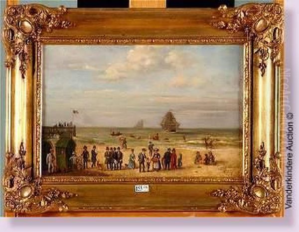 Plage D'ostende Animee Oil Painting by Constant Aime Marie Cap