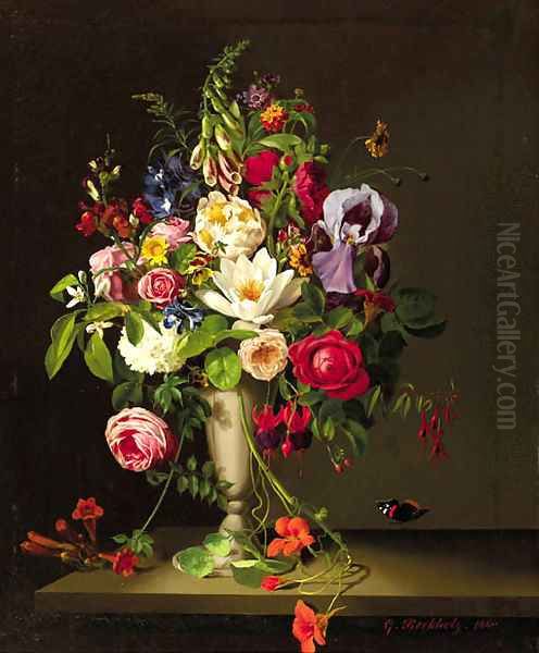 A bouquet with orange blossom, indian cress, roses, irisses and violets Oil Painting by Gustav Berkholz