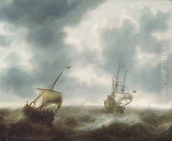 A Dutch merchantman, a pink and other shipping in rough seas Oil Painting by Jacob Adriaensz. Bellevois