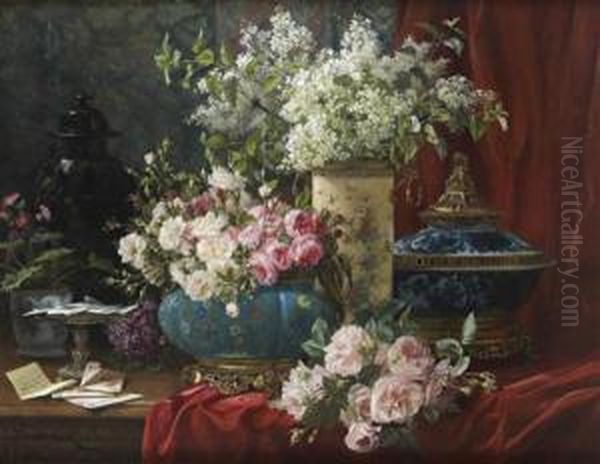 Bouquet De Fleurs Dans Des Vases
 De Style Chinois Sur Une Table Recouverte D'un Drape Bordeaux Oil Painting by Jean Capeinick