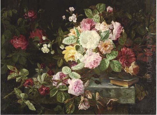 Roses And A Book On A Ledge Oil Painting by Jean Capeinick