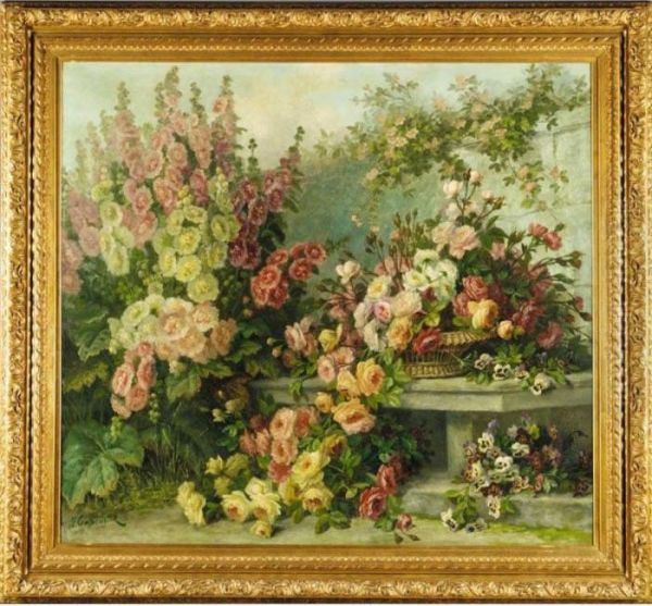 Still Life Of Hollyhocks, Roses And Pansies Oil Painting by Jean Capeinick